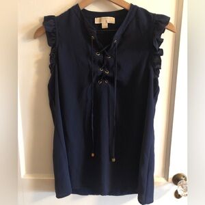 Michael Kors Navy Blue, Sleeveless, Ruffled, Lace Up Shirt